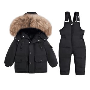 Winterliche Kinderjacke mit Weste und kuscheligem Fellkragen in schwarz