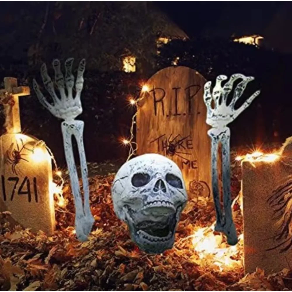 Gruselige Halloween Deko mit realistischem Skelett Kopf und Händen – Bild 6