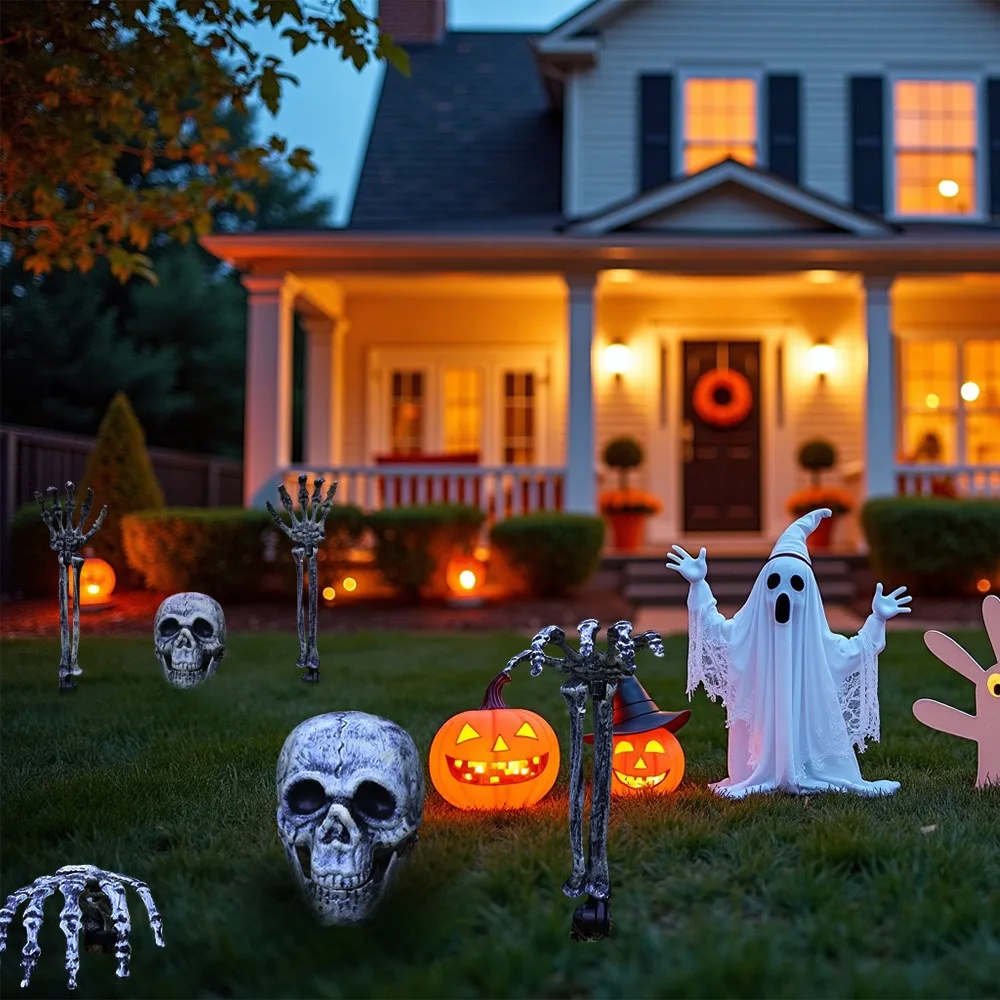 Gruselige Halloween Deko mit realistischem Skelett Kopf und Händen – Bild 2