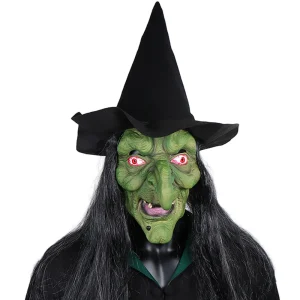 Grüne Hexenmaske mit Hut für gruselige Kostümpartys