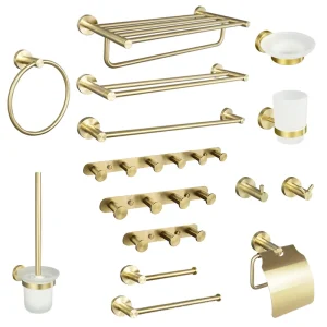 Elegantes Badezimmer-Set mit gebürstetem Gold für Aufbewahrung
