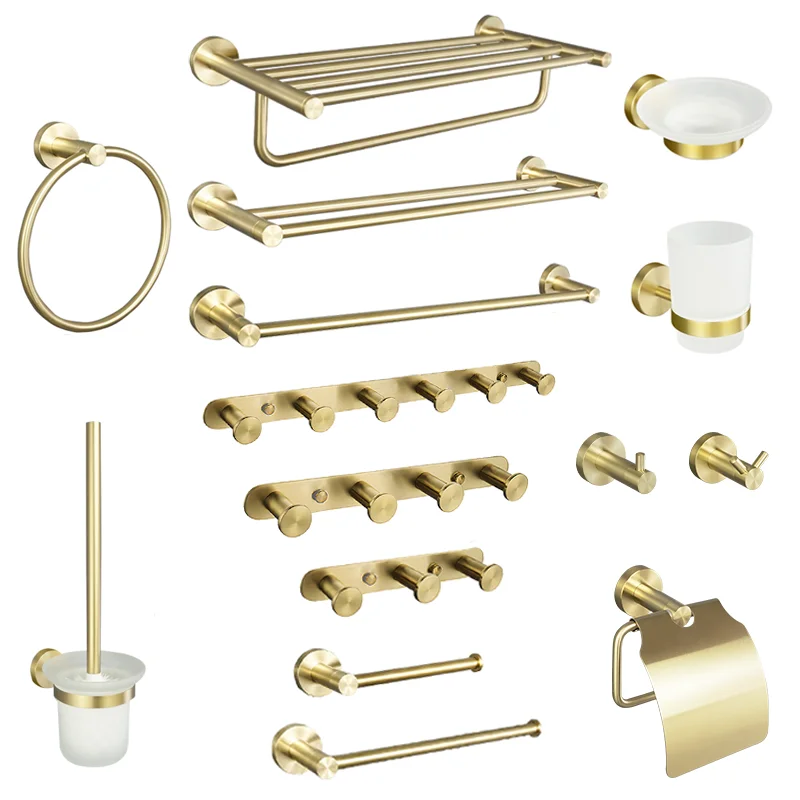 Elegantes Badezimmer-Set mit gebürstetem Gold für Aufbewahrung