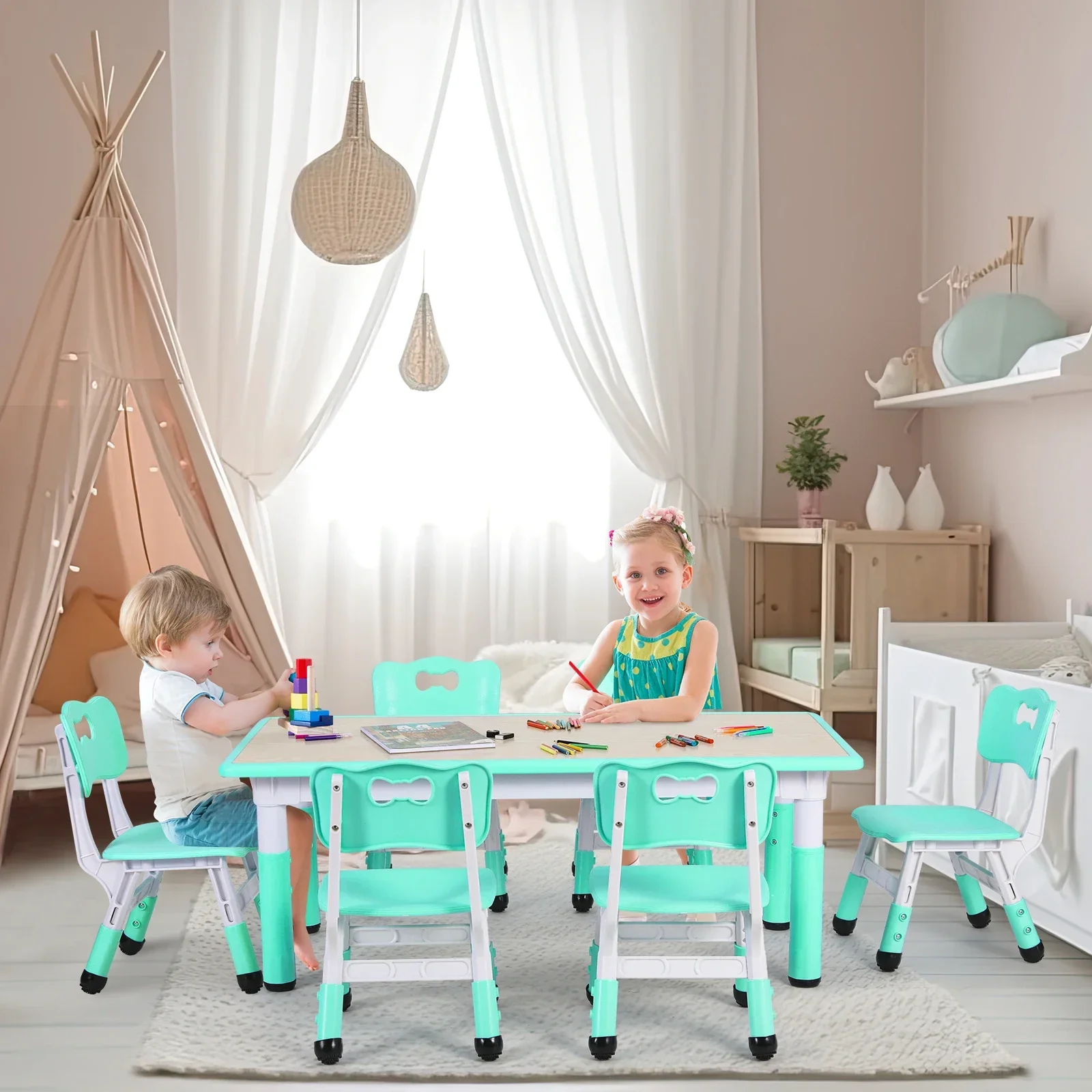 Höhenverstellbarer Rechteckiger Kindertisch mit 6 Stühlen für kreative Aktivitäten – Bild 5