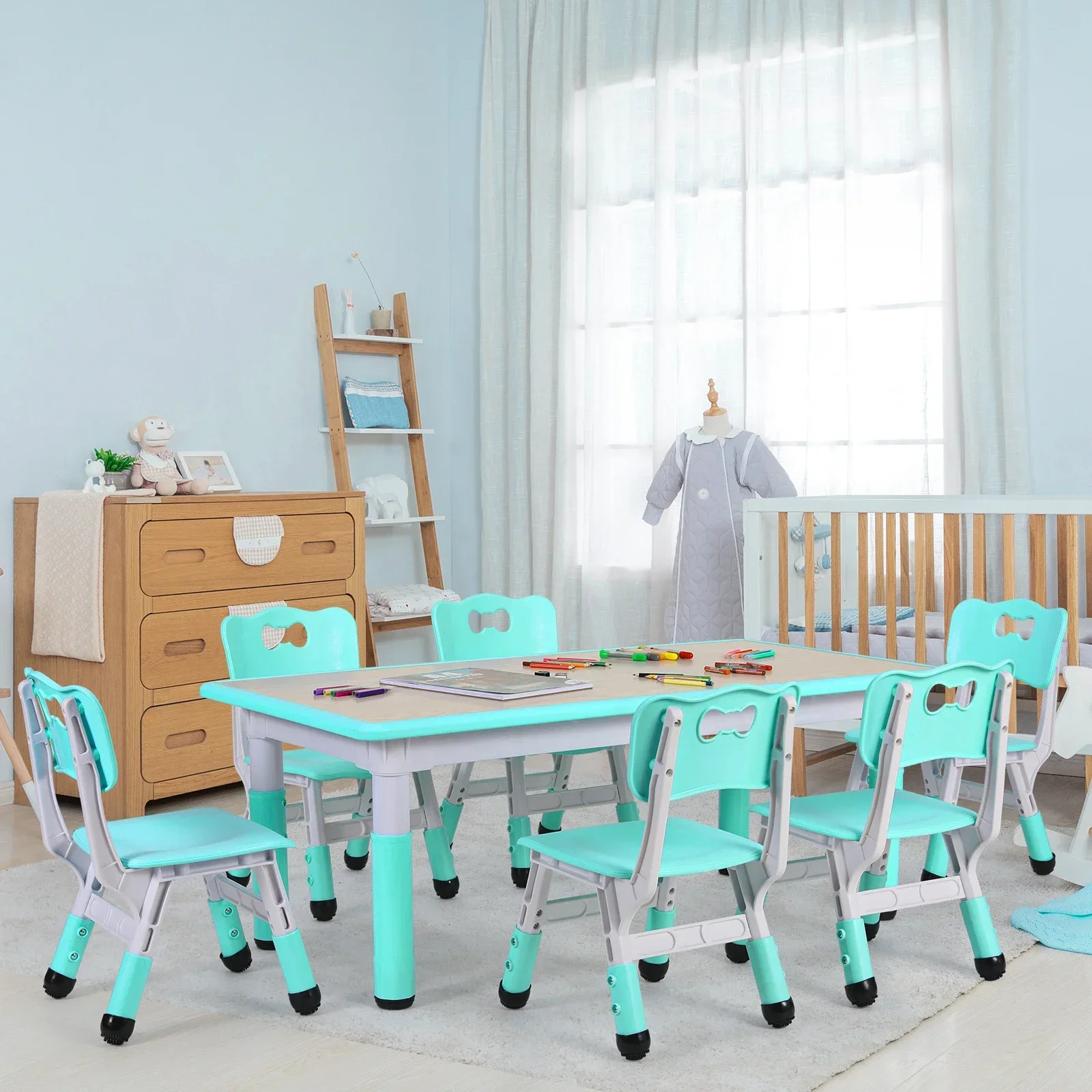 Höhenverstellbarer Rechteckiger Kindertisch mit 6 Stühlen für kreative Aktivitäten – Bild 4