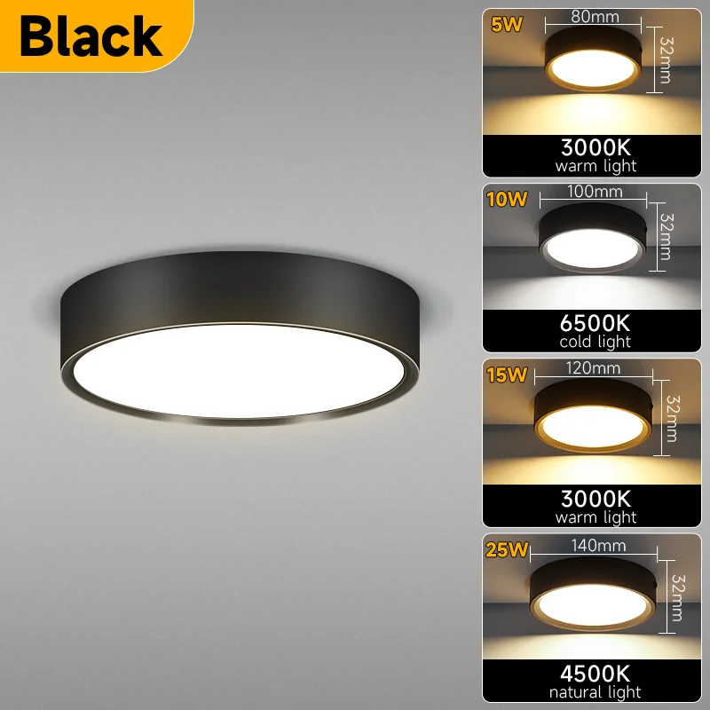Dimmbares LED-Deckenlicht für Wohnräume und Badezimmer – Black , 5w , Warm White