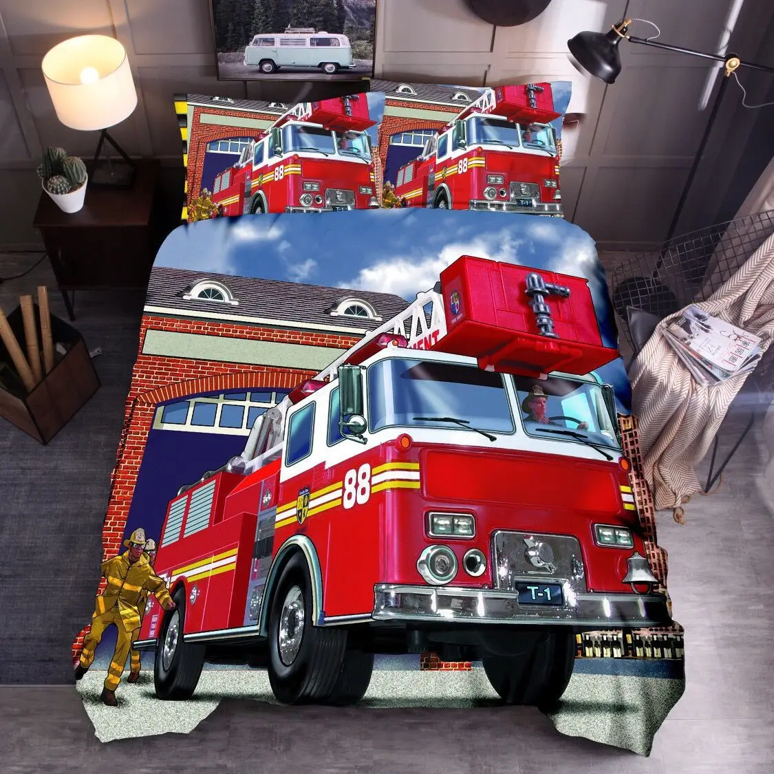 Feuerwehrwagen Bettwäsche Set für Kinder – Rot, King/Queen Größe – 11 , 180x210cm 3pcs