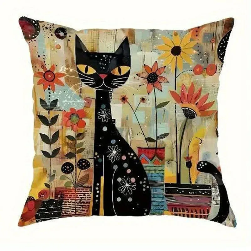 Schwarze Katzen und bunte Blumen Kissenbezug für die Wohnzimmercouch – 4 , 40x40cm