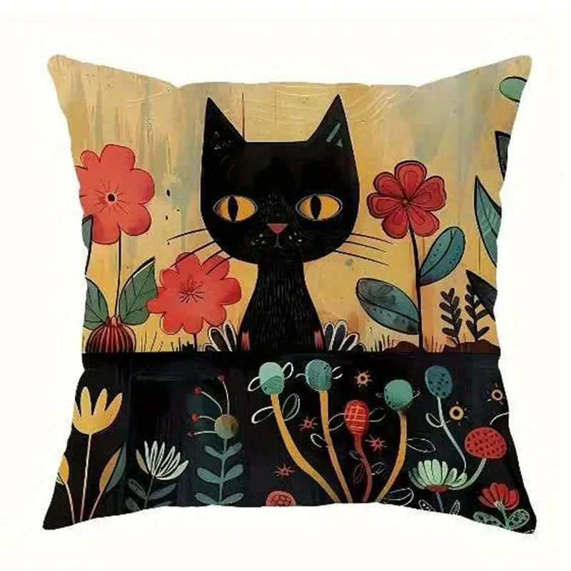Schwarze Katzen und bunte Blumen Kissenbezug für die Wohnzimmercouch – 3 , 60x60cm