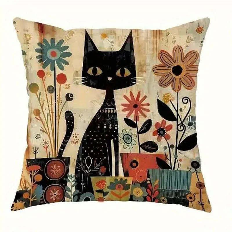 Schwarze Katzen und bunte Blumen Kissenbezug für die Wohnzimmercouch – 2 , 40x40cm