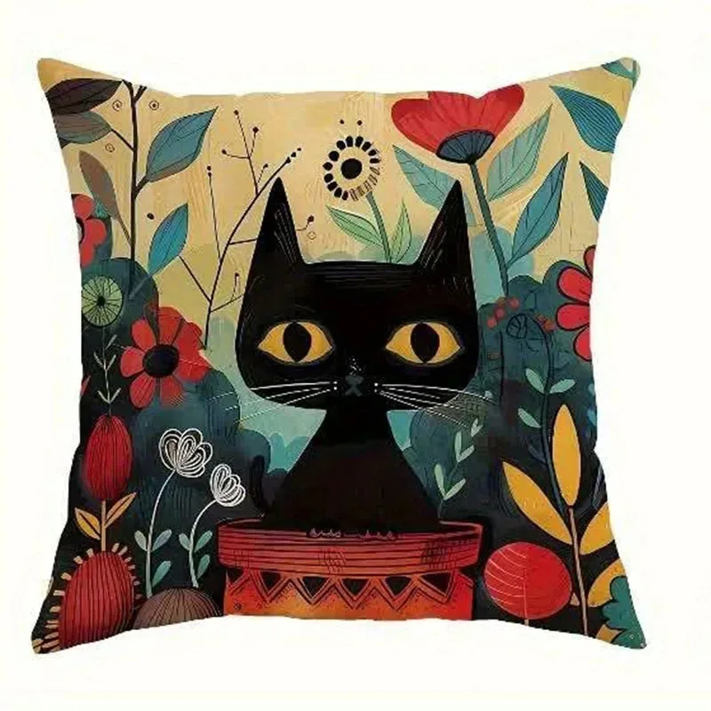 Schwarze Katzen und bunte Blumen Kissenbezug für die Wohnzimmercouch – 1 , 40x40cm