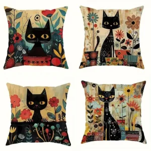 Schwarze Katzen und bunte Blumen Kissenbezug für die Wohnzimmercouch