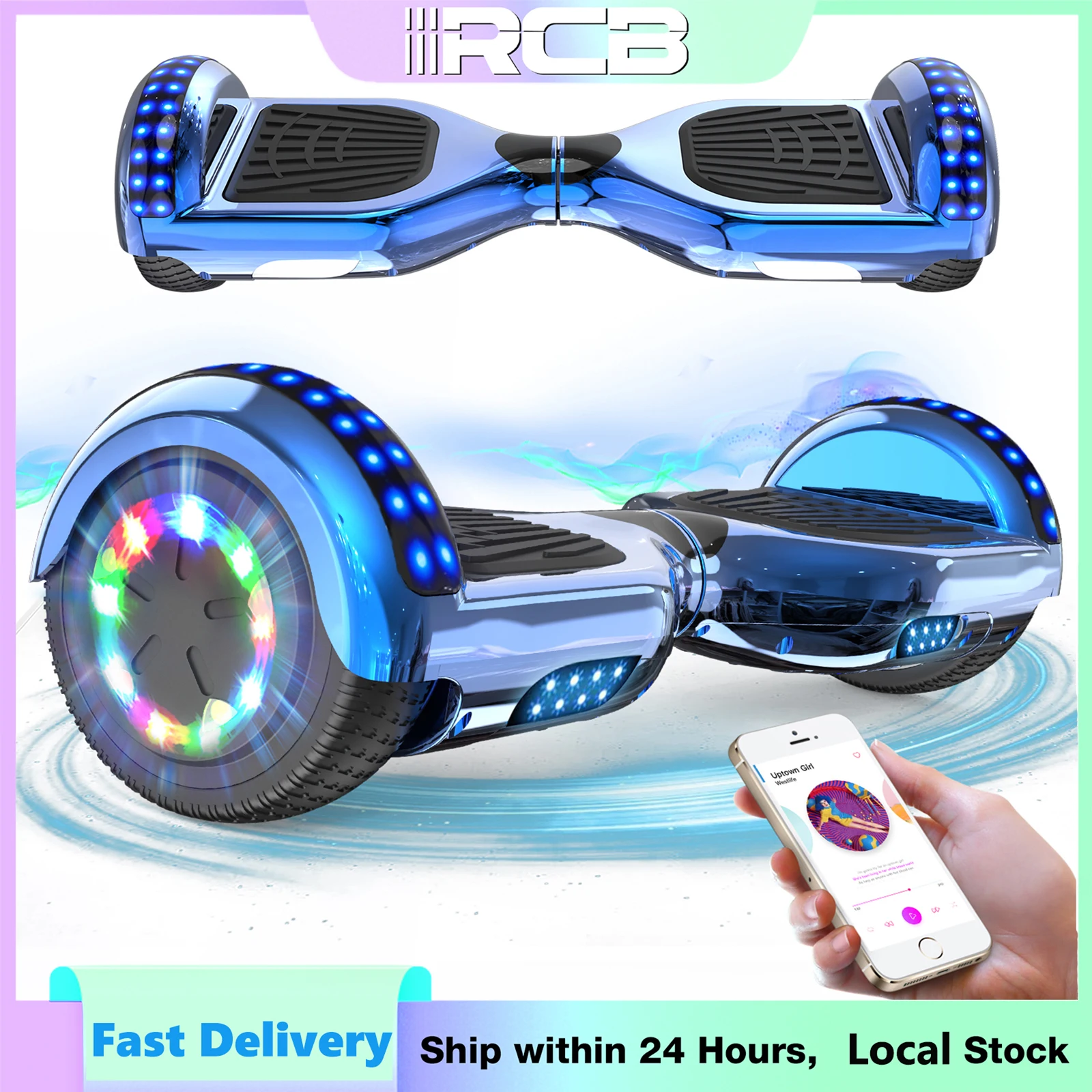RCB Hoverboard mit Bluetooth Lautsprecher und LED-Lichtern für alle – Blau