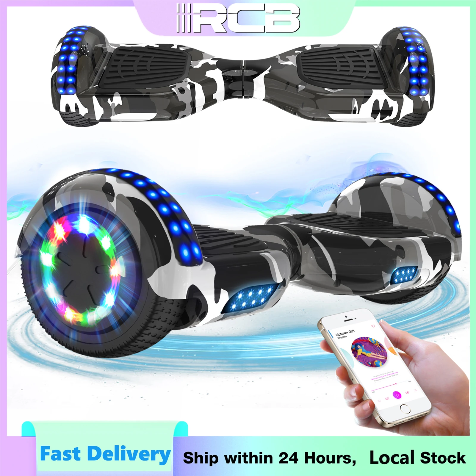 RCB Hoverboard mit Bluetooth-Lautsprecher und LED-Lichtern – Army-Grün
