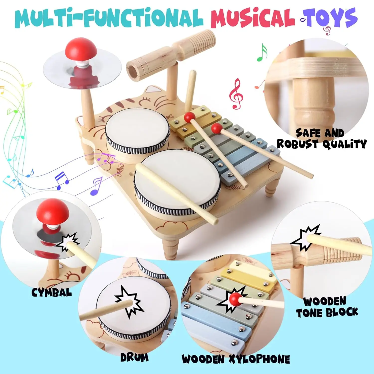 Holz-Xylophon-Trommelset für kleine Musiker, 18-teiliges Spielzeug – Bild 3