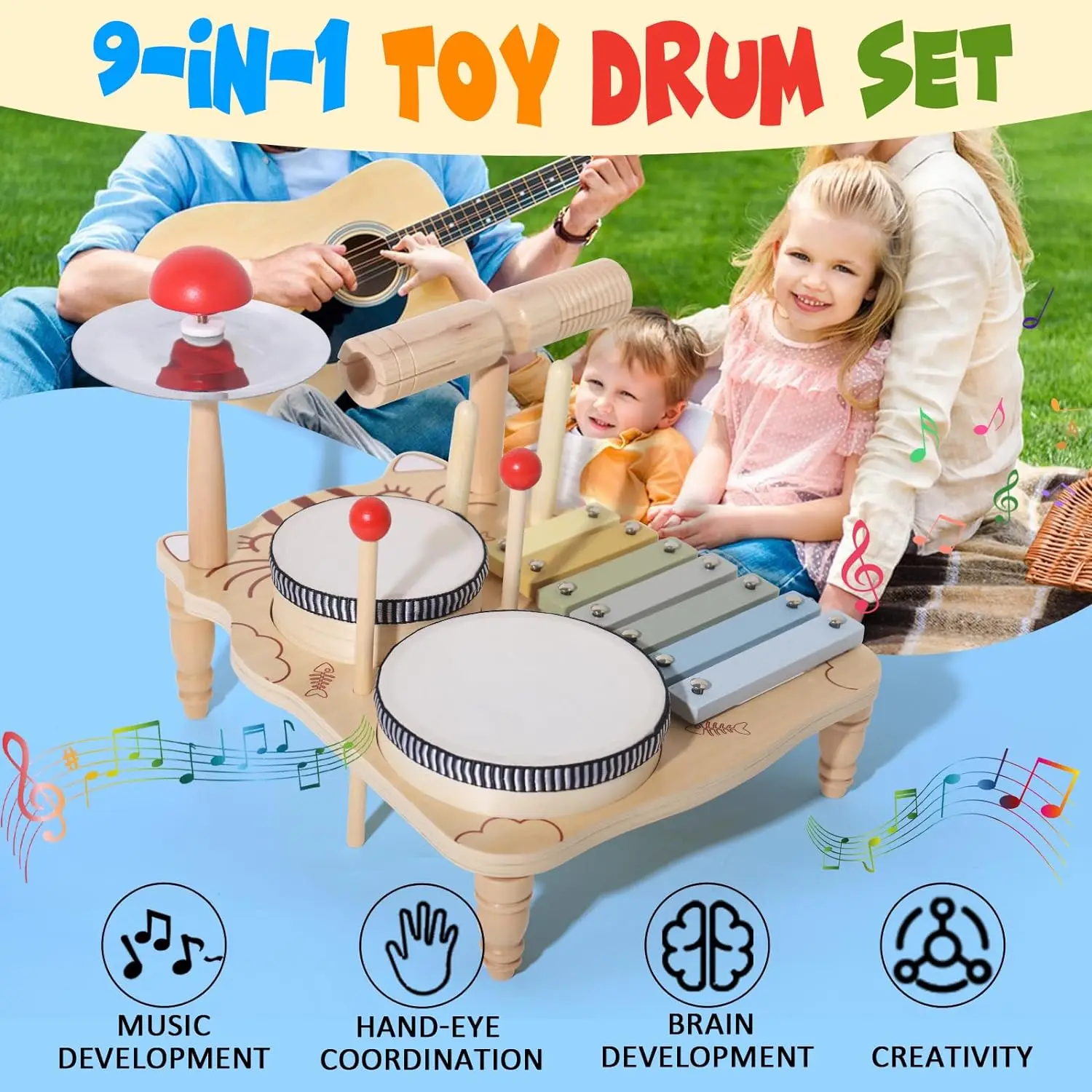 Holz-Xylophon-Trommelset für kleine Musiker, 18-teiliges Spielzeug – Bild 2