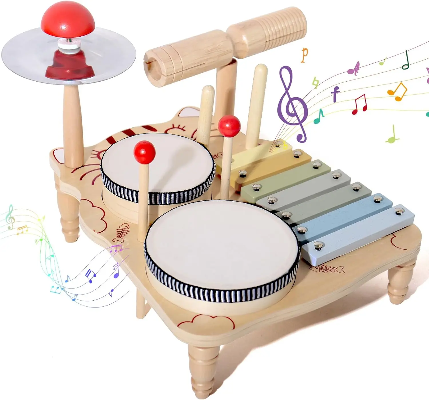 Holz-Xylophon-Trommelset für kleine Musiker, 18-teiliges Spielzeug