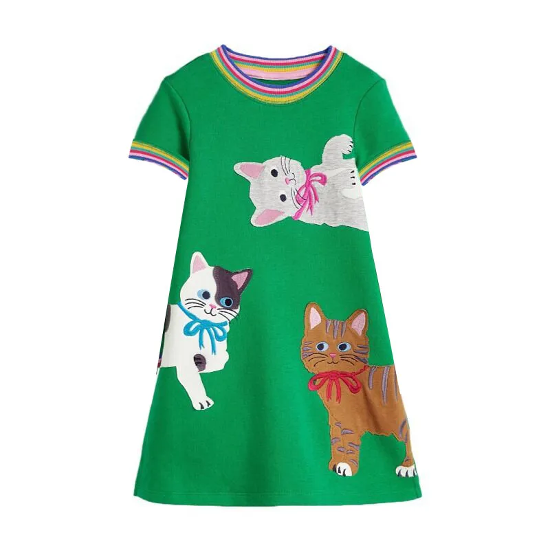 Sommerkleid für Mädchen mit Katzenstickerei und kurzen Ärmeln – T6688 cats , 6T