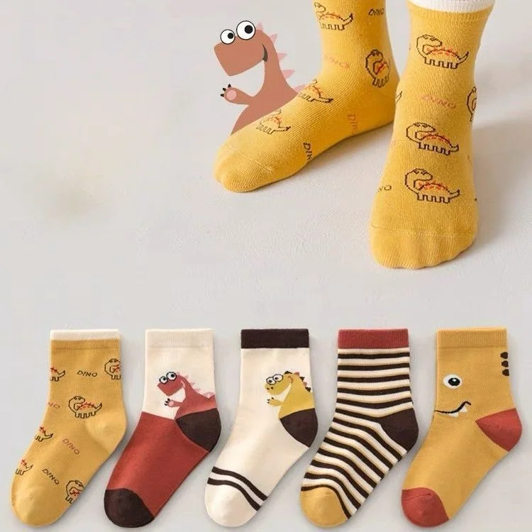 Niedliche Dinosaurier-Socken für Kinder – 5 Paar Set – D , S (0-2 years old)