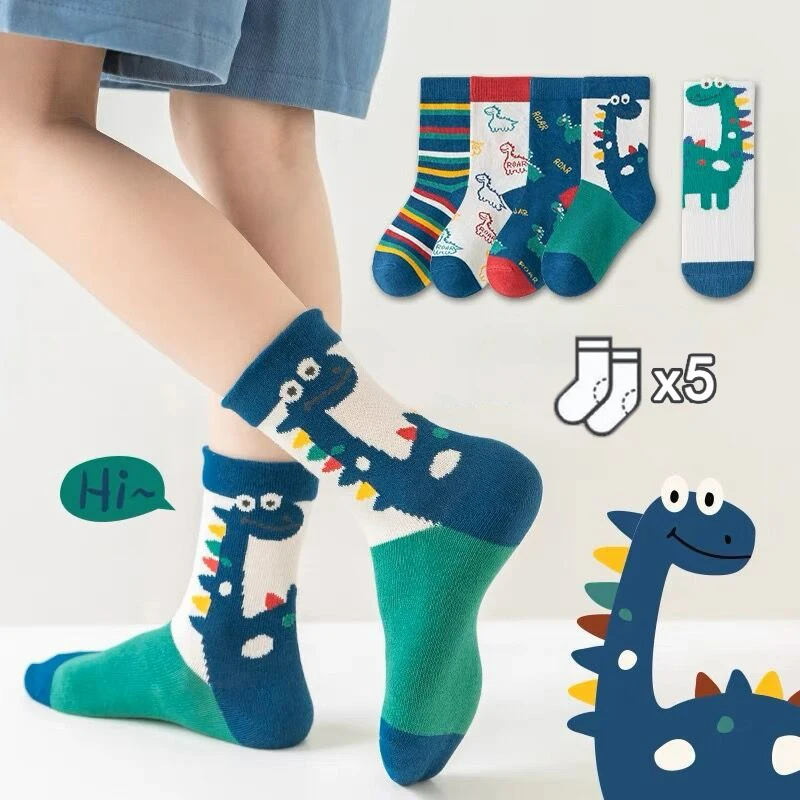 Niedliche Dinosaurier-Socken für Kinder – 5 Paar Set – A , XL (9-14 years old)