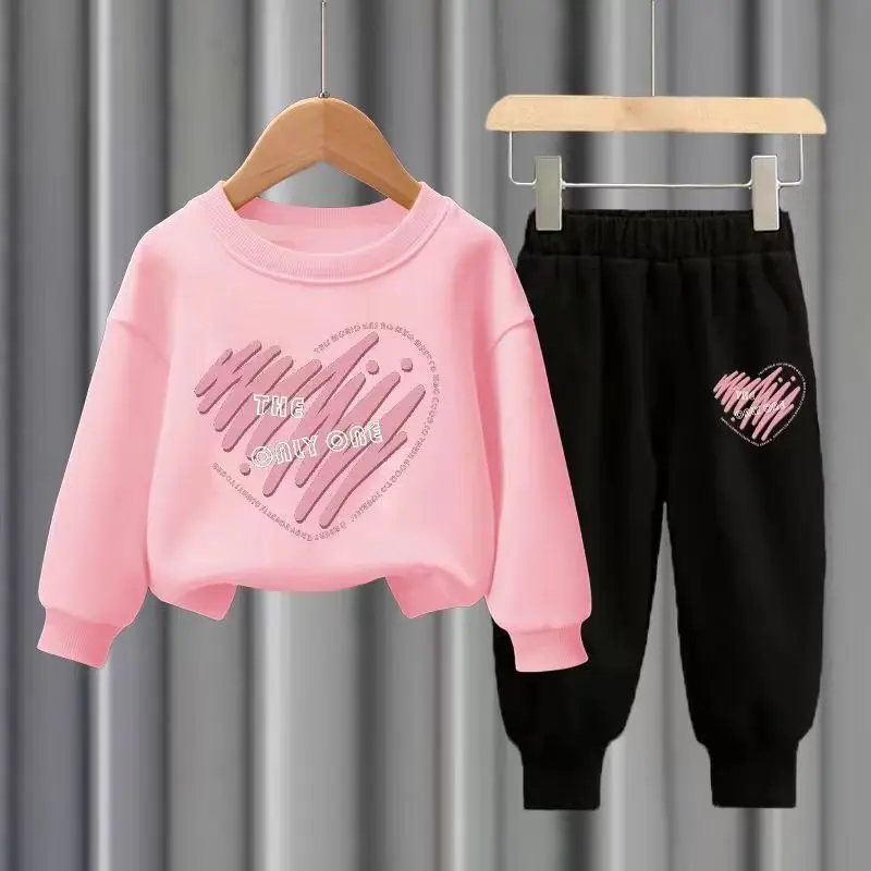 Herbstliche Kinderbekleidung für Mädchen und Jungen: Herzbedruckter Sportanzug – Pink , 4-5Y(110cm)