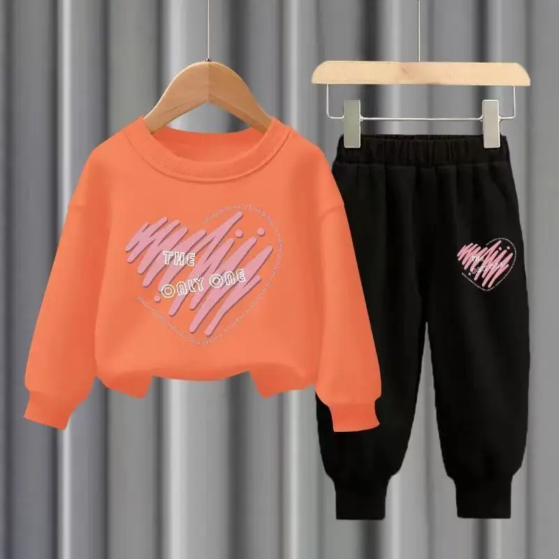 Herbstliche Kinderbekleidung für Mädchen und Jungen: Herzbedruckter Sportanzug – Orange , 11-12Y(150cm)
