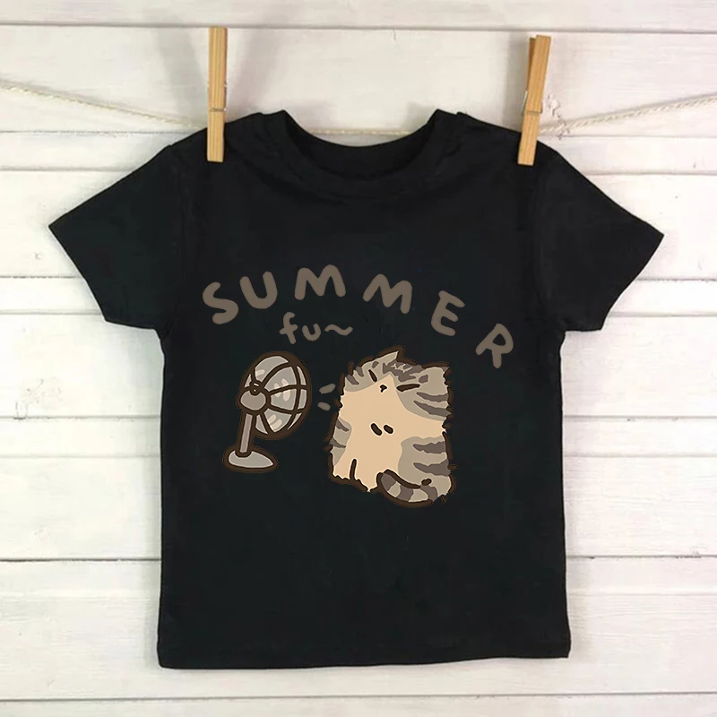 Niedliches Manga-Katze T-Shirt für Kinder in Sommerfarben – black865 , 5T(XL)