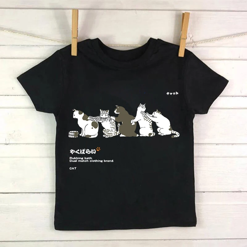 Niedliches Manga-Katze T-Shirt für Kinder in Sommerfarben – black863 , 5T(XL)