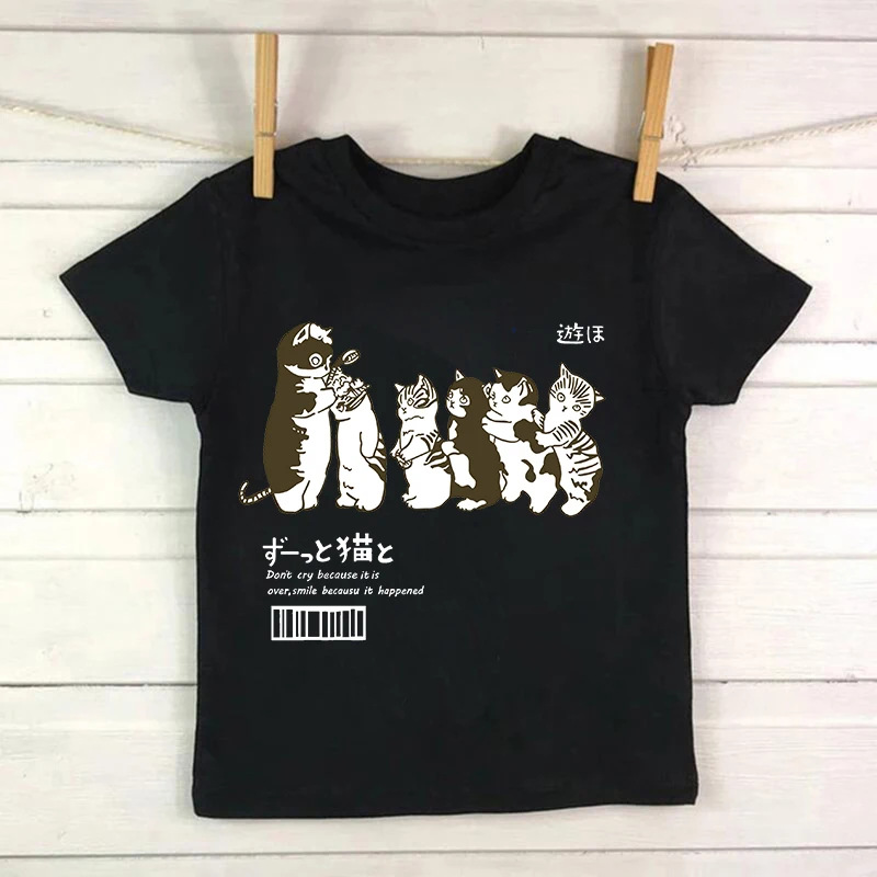 Niedliches Manga-Katze T-Shirt für Kinder in Sommerfarben – black853 , 6T(XXL)