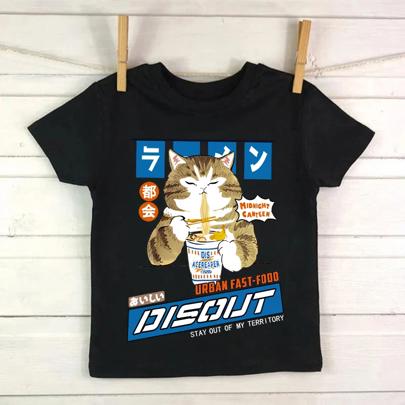 Niedliches Manga-Katze T-Shirt für Kinder in Sommerfarben – black850 , 9T-10T(4XL)
