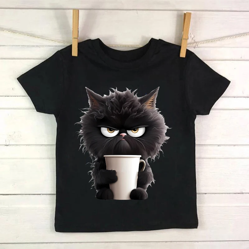 Niedliches Manga-Katze T-Shirt für Kinder in Sommerfarben – black660 , 6T(XXL)