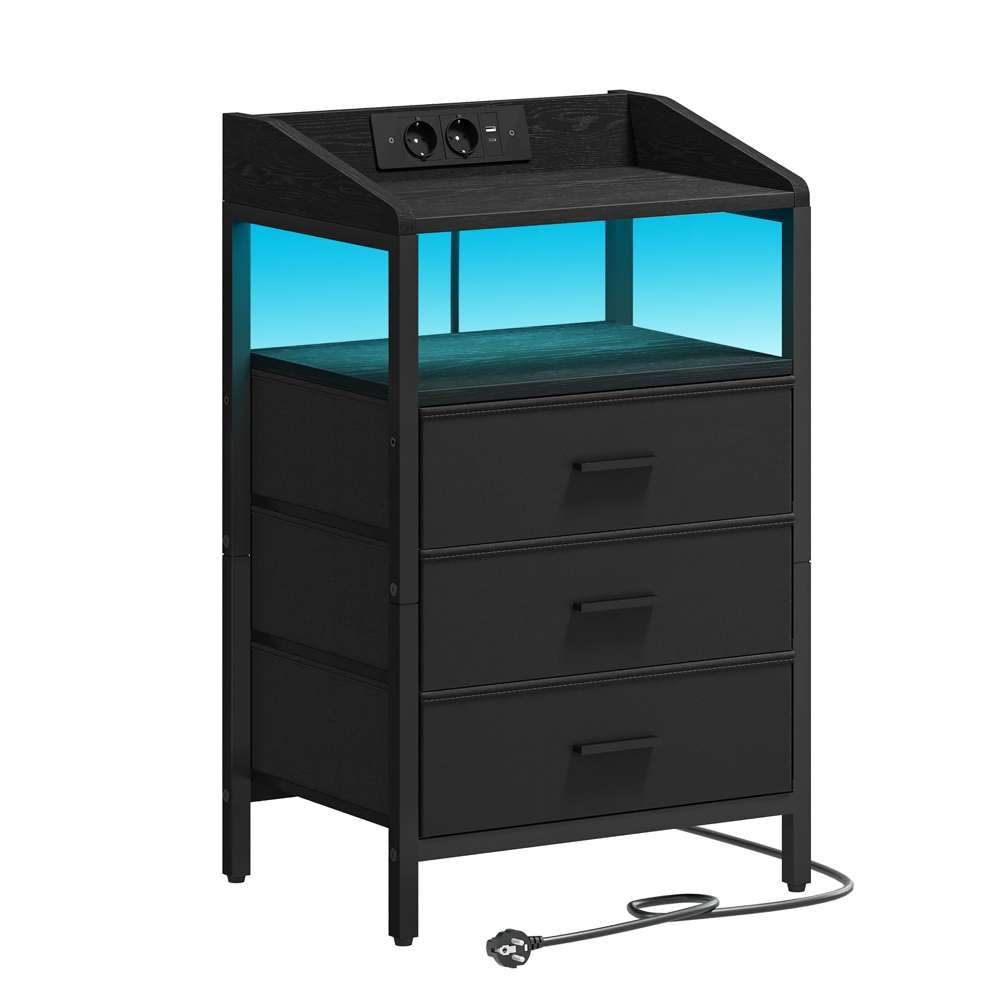 Moderne Nachttisch mit LED-Beleuchtung und Ladeanschluss – Black , GERMANY