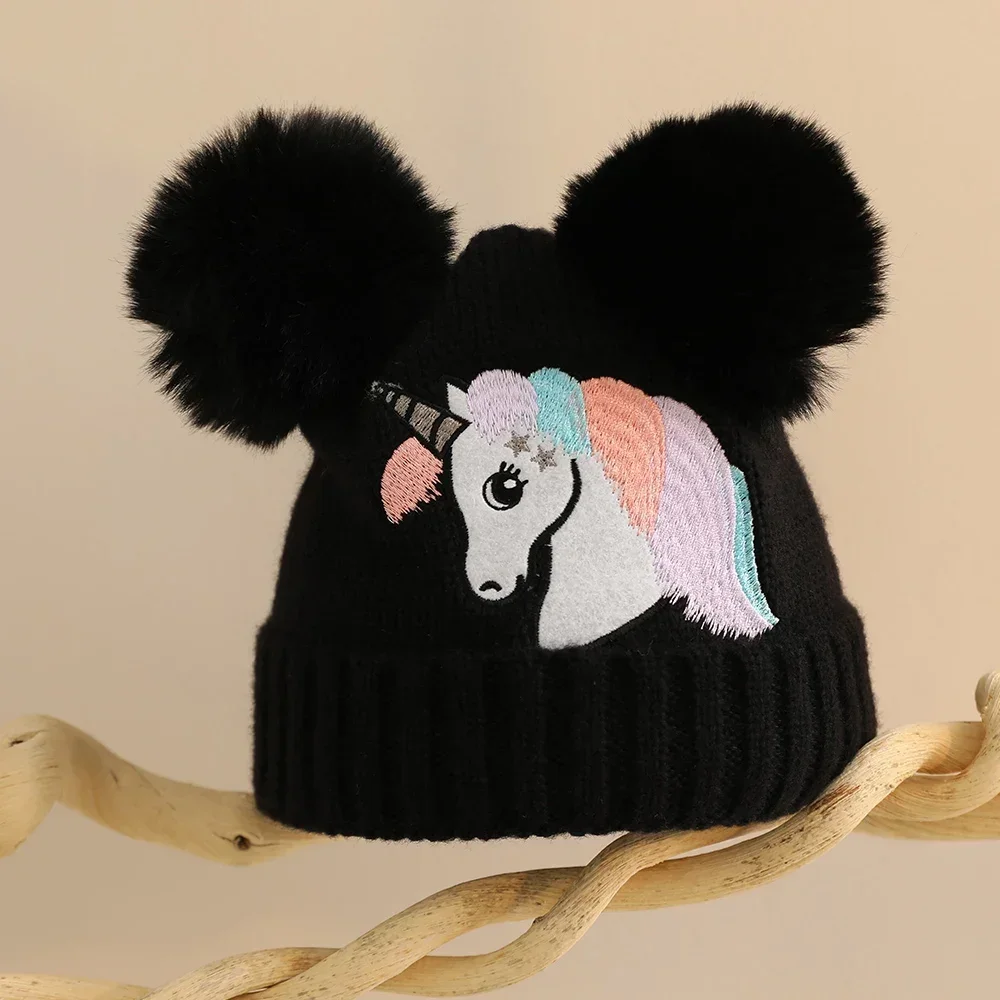 Neuer Pferde-Pompom-Mütze für Babys – Kuschelige Wintermütze für Kinder – Black , 50-54cm(1-5years)