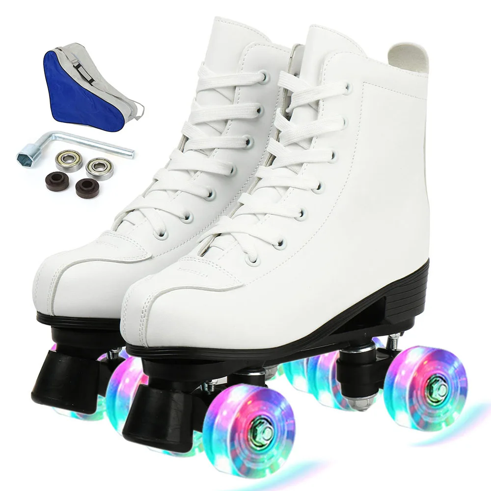Bequeme PU Leder Rollschuhe für Anfänger - 4 Räder Outdoor-Skating - white flash , 43