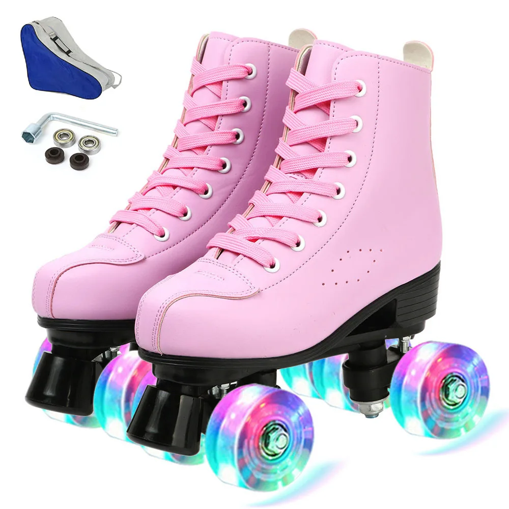Bequeme PU Leder Rollschuhe für Anfänger - 4 Räder Outdoor-Skating - pink flash , 39