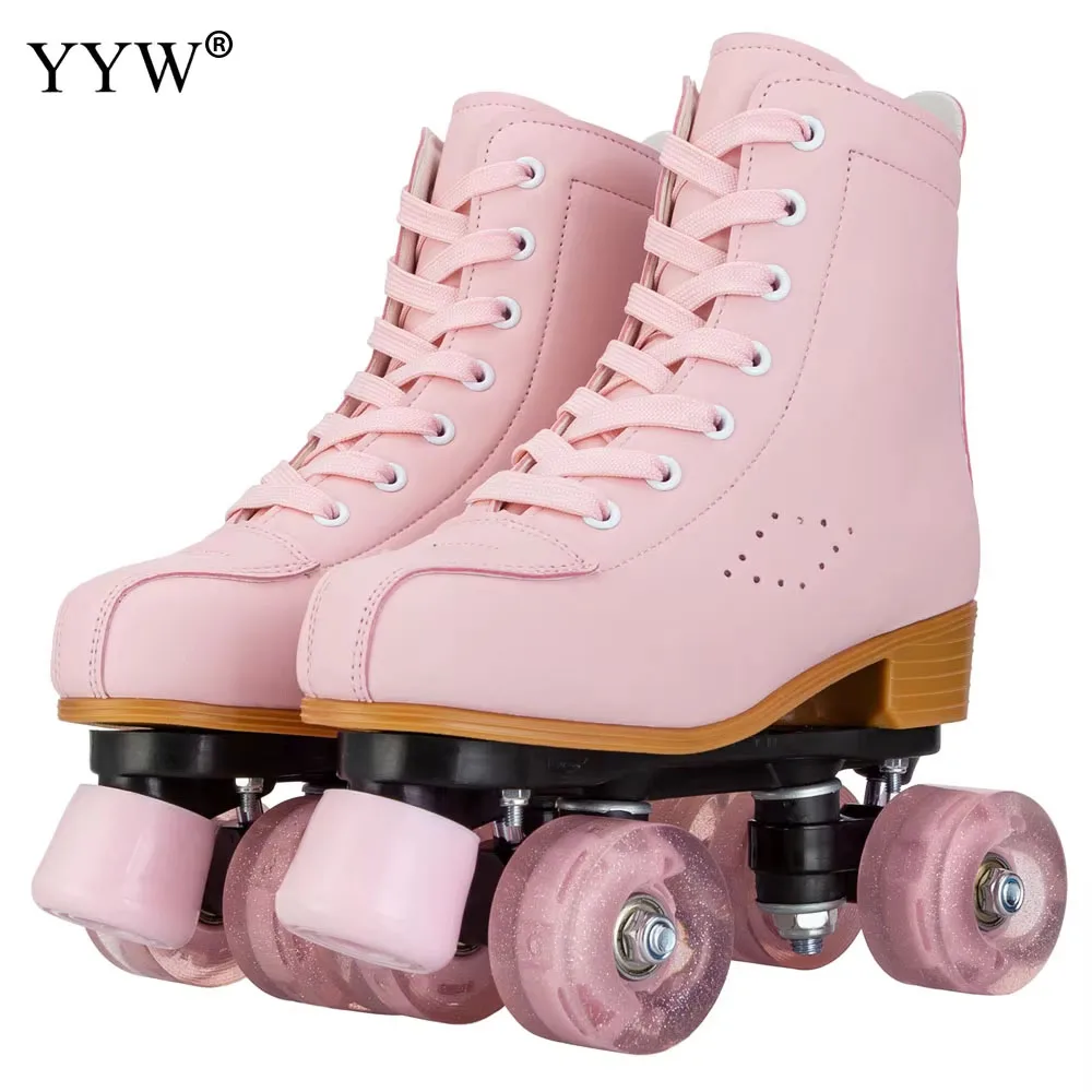 Bequeme PU Leder Rollschuhe für Anfänger - 4 Räder Outdoor-Skating - Pink , 37