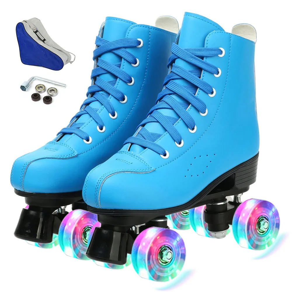 Bequeme PU Leder Rollschuhe für Anfänger – 4 Räder Outdoor-Skating – blue flash , 41