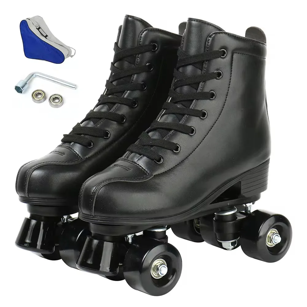 Bequeme PU Leder Rollschuhe für Anfänger – 4 Räder Outdoor-Skating – black black Wheel , 42