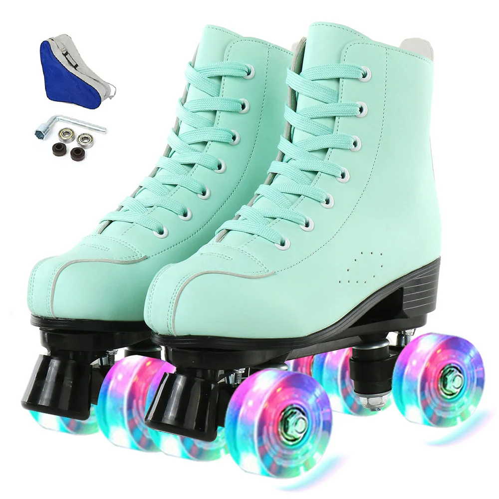 Bequeme PU Leder Rollschuhe für Anfänger – 4 Räder Outdoor-Skating – green flash , 42