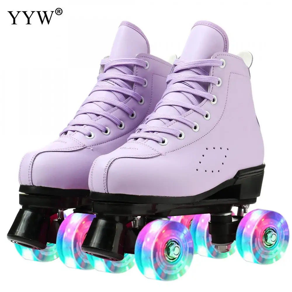 Bequeme PU Leder Rollschuhe für Anfänger – 4 Räder Outdoor-Skating – purple flash , 41