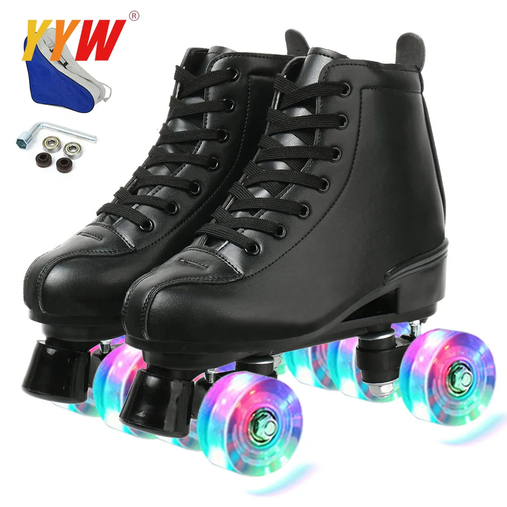 Bequeme PU Leder Rollschuhe für Anfänger - 4 Räder Outdoor-Skating - black flash , 42