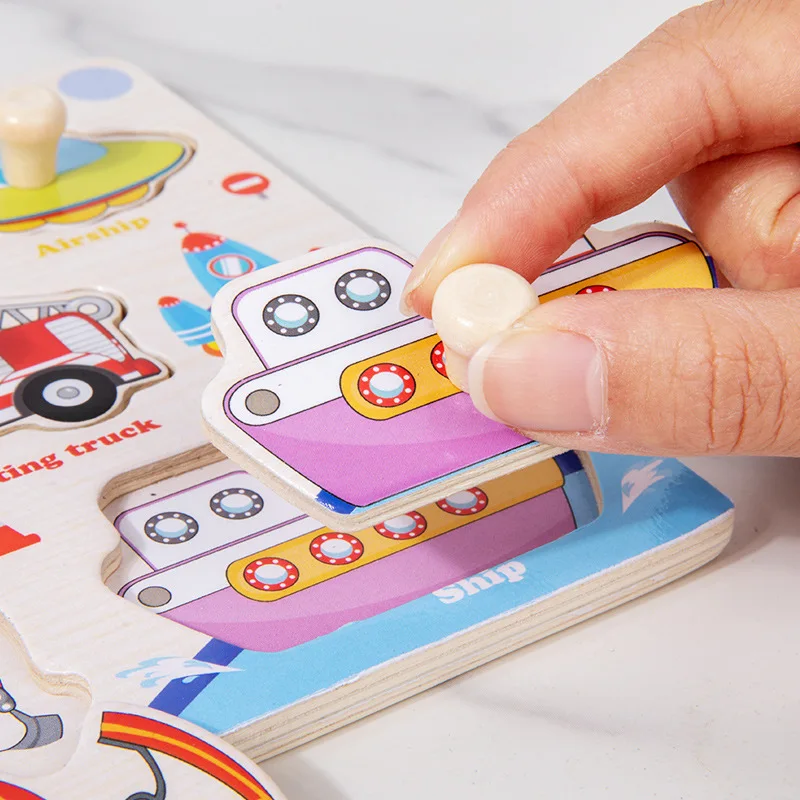 Holzpuzzle für Kinder: Lustige Tier- und Verkehrsmuster zum Greifen – Bild 5