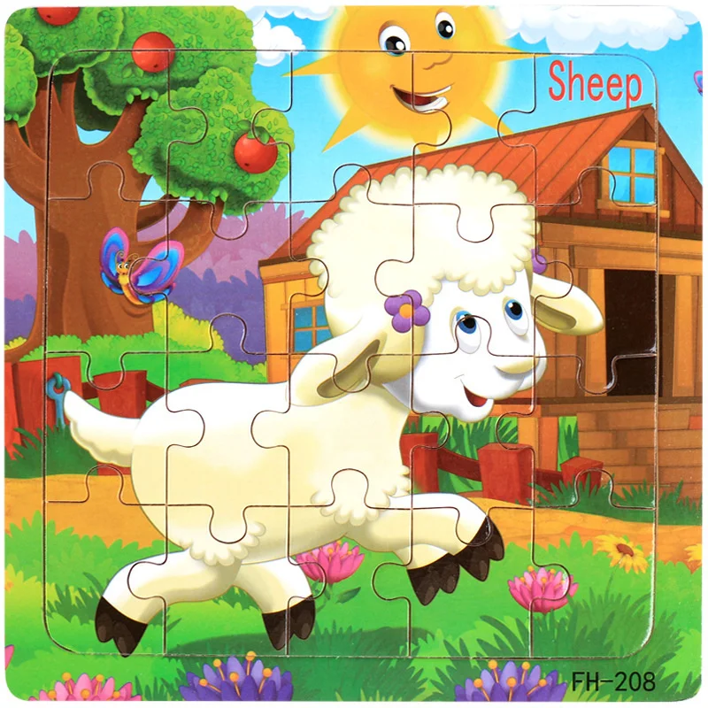 Neues 20-teiliges Holz 3D Puzzle mit lustigen Tierfahrzeugen für Kinder – sheep