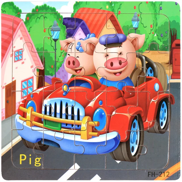 Neues 20-teiliges Holz 3D Puzzle mit lustigen Tierfahrzeugen für Kinder – Pig