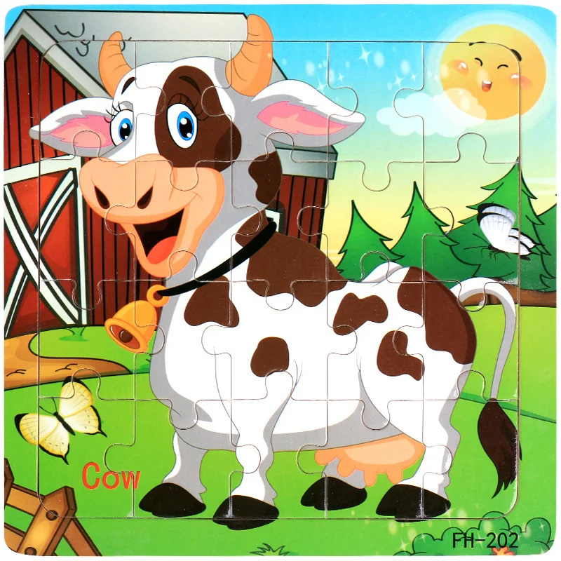 Neues 20-teiliges Holz 3D Puzzle mit lustigen Tierfahrzeugen für Kinder – Cow