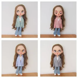 Handgemachte Blythe Puppenkleidung: Streifenbluse und Jeans-Set