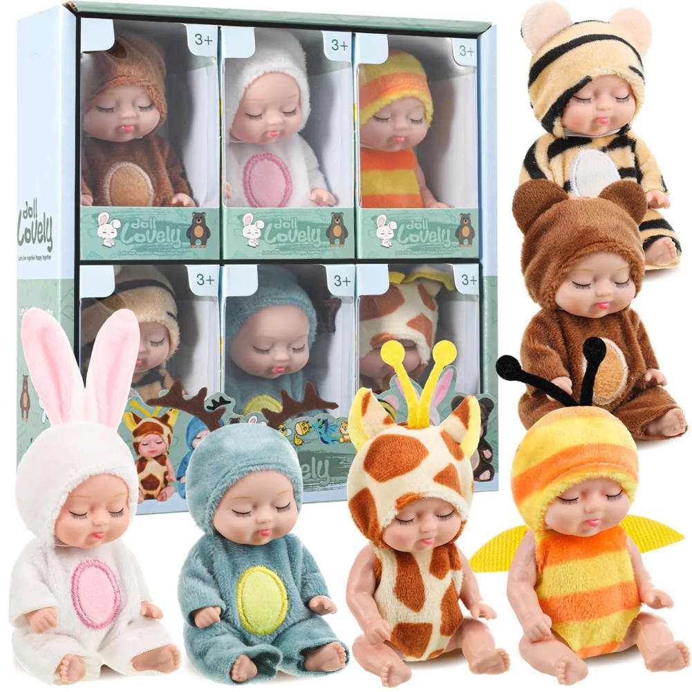 6-teiliges Set süßer Schlafbabypuppen im Tierdesign für Kinder