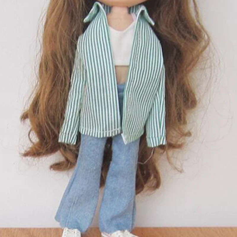 Handgemachte Blythe Puppenkleidung: Streifenbluse und Jeans-Set – Green Suit , Blythe Size