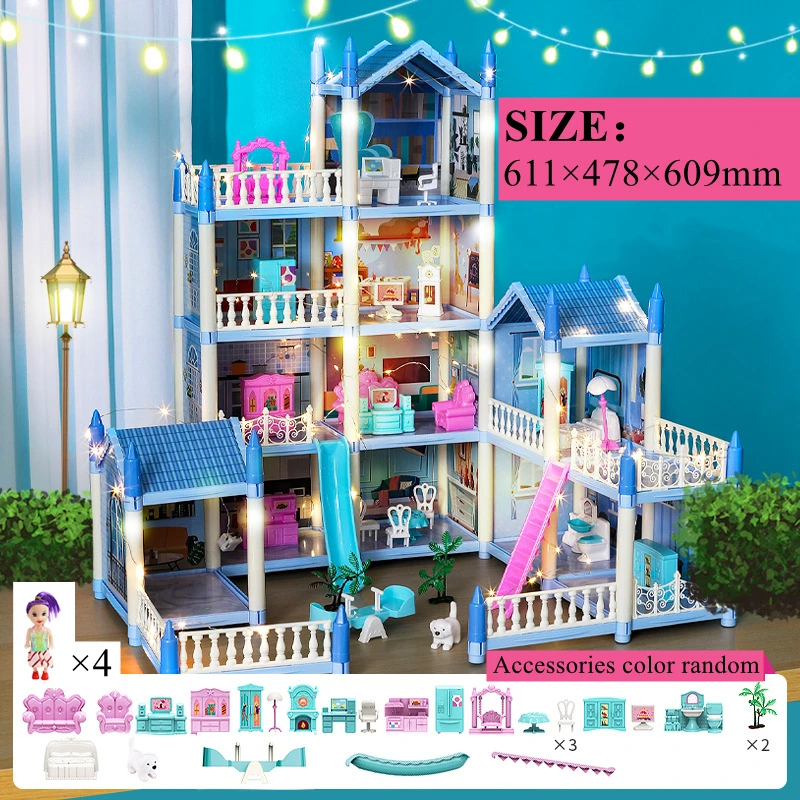Prinzessin Villa Puppenhaus mit LED-Lichtern und Möbeln – CN , 11 Rooms-Blue