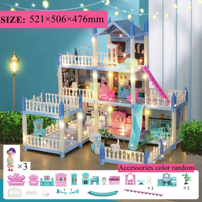 Prinzessin Villa Puppenhaus mit LED-Lichtern und Möbeln – CN , 7 Rooms-Blue