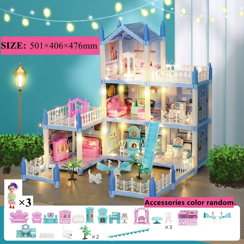 Prinzessin Villa Puppenhaus mit LED-Lichtern und Möbeln – CN , 6 Rooms-Blue